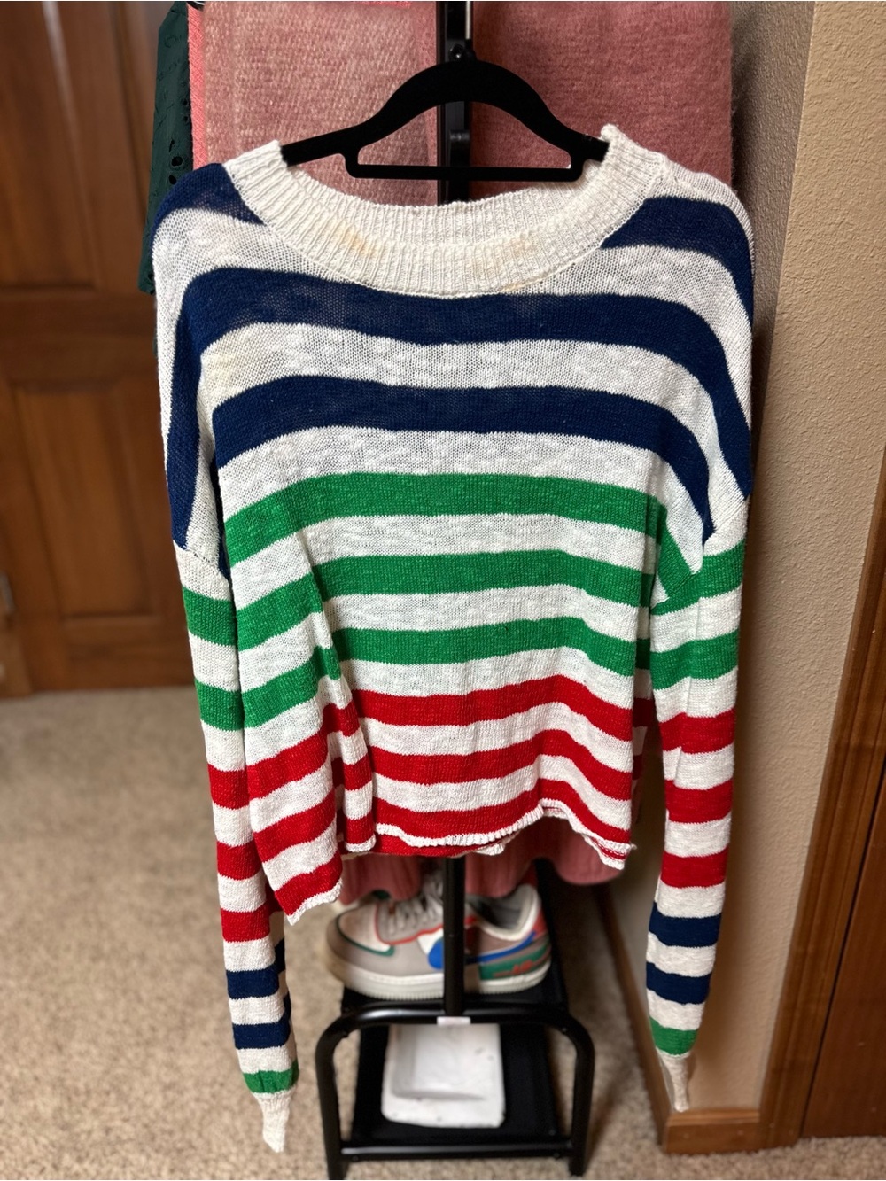 Beach Riot Striped Crewneck Sweater in White, Navy, Green & Red